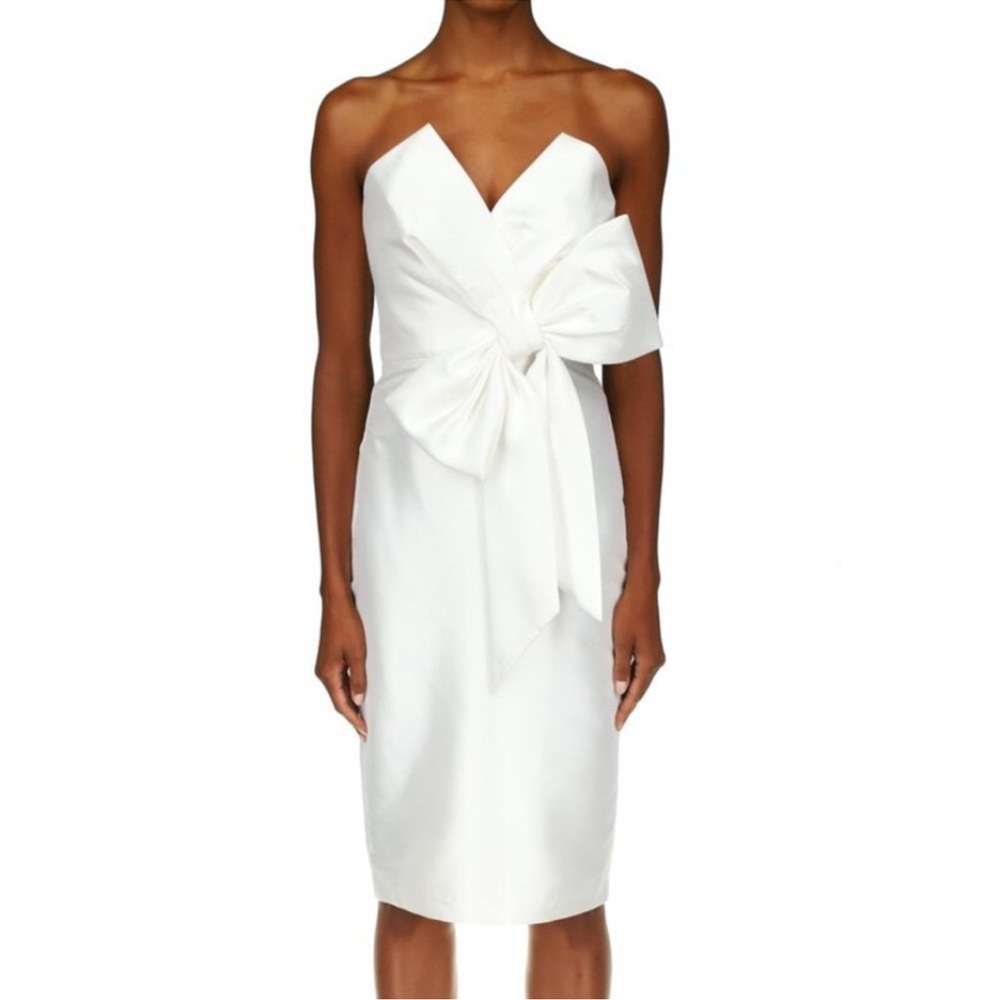 Badgley Mischka White Strapless Bow Midi Dress